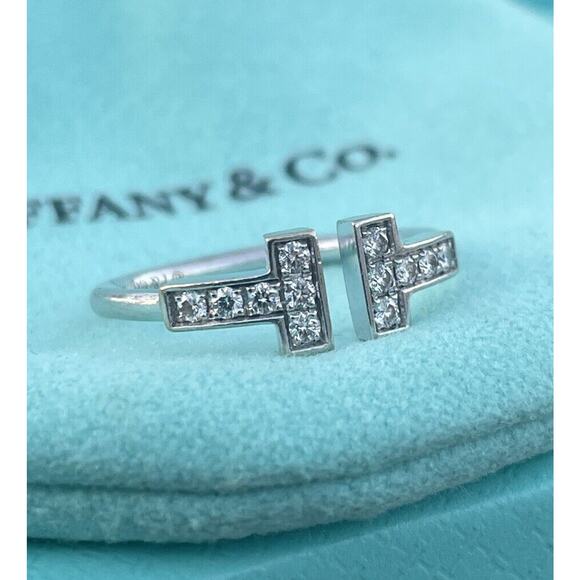 Tiffany & Co. T Square Diamond Wire Band Wedding Ring White Gold 750 Sz 6.5 - Picture 1 of 8